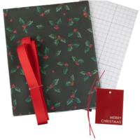 Holly Print Gift Wrap, Tags and Red Ribbon